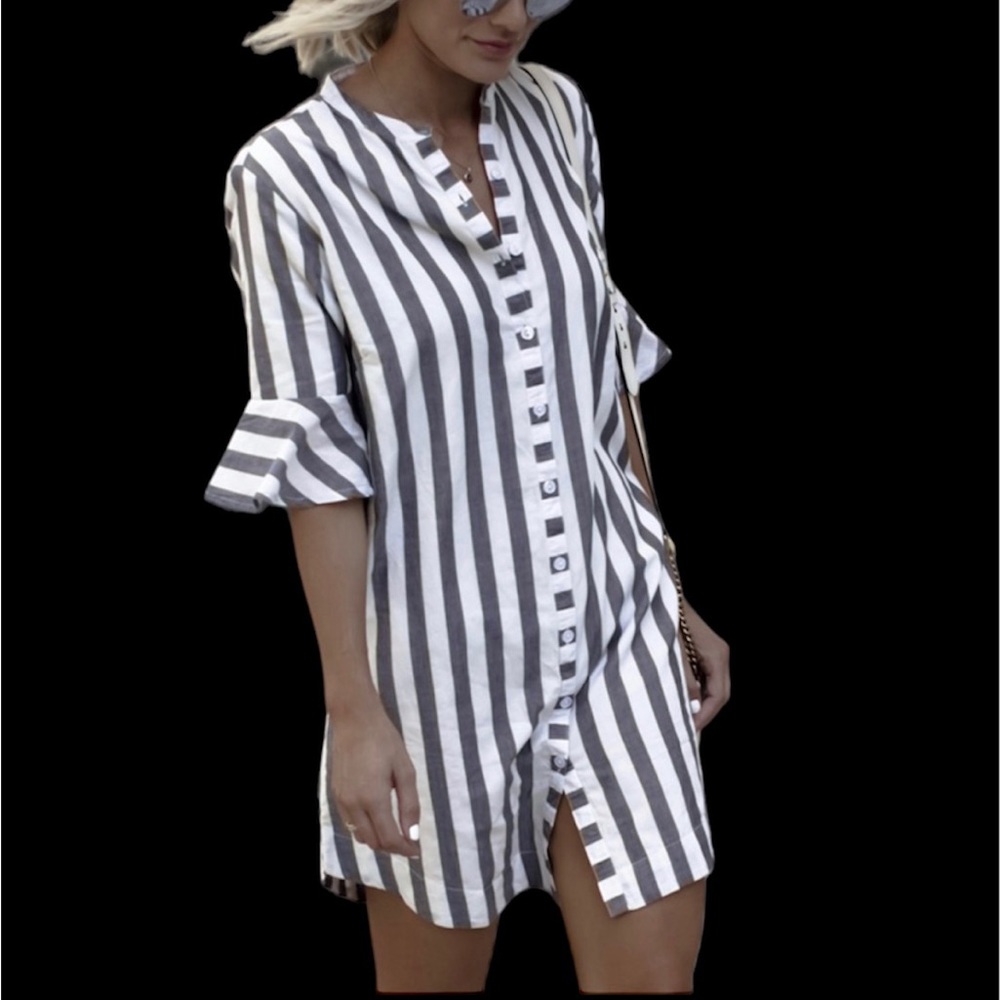 White and gray stripe button down shirt dress never worn